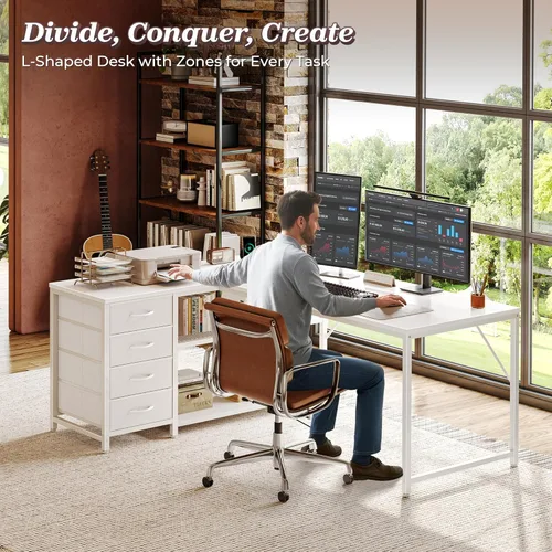 Miniatura 3 de PRAISUN Escritorio en forma de L de 53" con tomas de corriente y puerto USB-C, escritorio reversible de esquina para computadora de oficina con 4