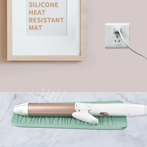 Miniatura 6 de Alfombrilla con bolsa de silicona resistente al calor para alisadoras de pelo, varitas para rizar, planchas planas y herramientas de peinado Verde