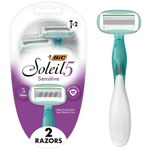 BIC Soleil 5 Sensitive Desechables para Mujeres con Navajas de 5 Cuchillas, Tiras Hidratantes de 360 Grados, Agarre Antideslizante, Paquete de 2