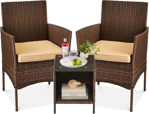 Miniatura 32 de Best Choice Products Juego de 3 piezas de mimbre para conversación al aire libre, muebles de patio que ahorran espacio para jardín con mesa
