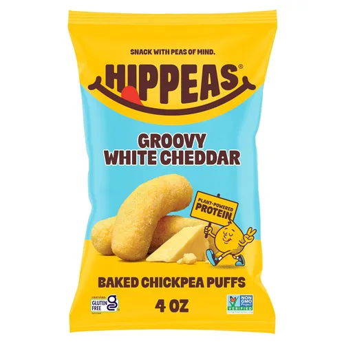 Hippeas - Bocadillos de garbanzos inflados, cheddar blanco vegano, 4 onzas (paquete de 1), 4g de proteína, 3g de fibra, vegano, sin gluten,