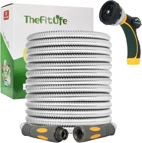 Miniatura 7 de TheFitLife Manguera de jardín de metal flexible, manguera de agua ligera de acero inoxidable de 25 pies con accesorios sólidos y boquilla rociadora