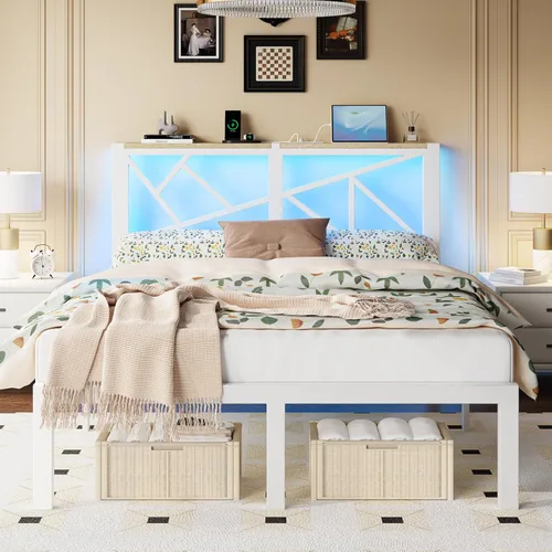 Miniatura 12 de ChicZhiNest Armazón de cama de metal negro tamaño twin con estación de carga USB, iluminación ambiental LED y cabecera de almacenamiento de madera