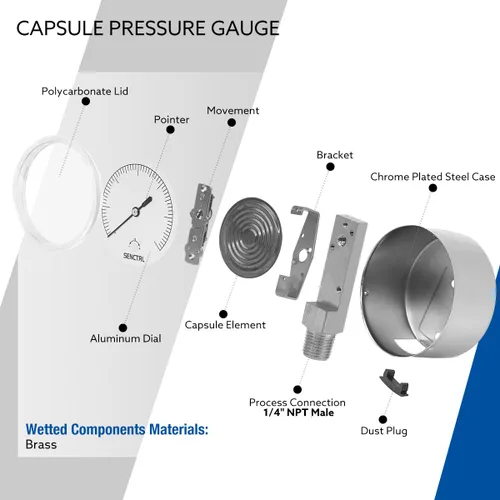 Miniatura 3 de SENCTRL 0-3 Psi Medidor de Baja Presión, Medidor de Cápsula, Tamaño de Dial de 2-1/2", Montaje Inferior de 1/4" NPT, Ajuste Cero, para Prueba