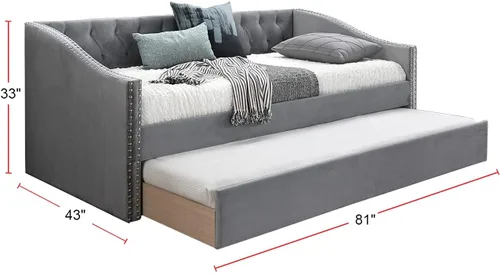 Miniatura 2 de Cama de día tapizada de terciopelo con ribete de clavos, color gris