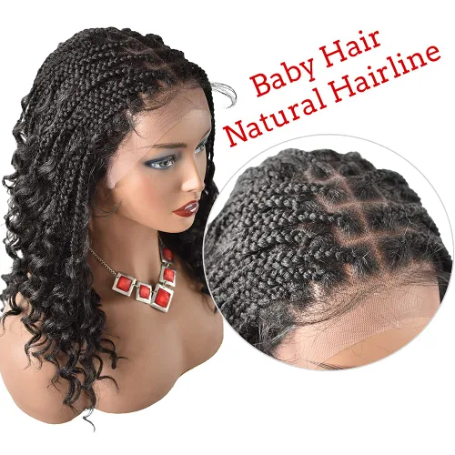 Miniatura 5 de Pelucas trenzadas de encaje suizo hechas a mano de 18 pulgadas con cabello de bebé para mujeres negras, pelucas de cabello sintético Kanekalon