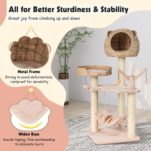 Miniatura 5 de PETSITE Árbol tejido para gatos, moderna torre para gatos con hamaca y postes rascadores, condominio de cola de espadaña y percha superior, árbol