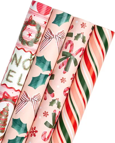 Miniatura 11 de WRAPAHOLIC Rollo de papel de regalo de Navidad de 30 pulgadas - Rollo jumbo rojo, verde y rosa de gnomo de Navidad y elfo festivo, colección de 4