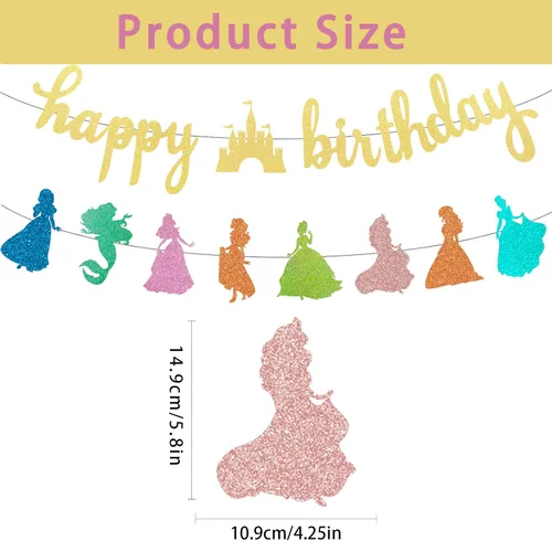 Miniatura 2 de Decoración de pancarta de cumpleaños de princesa, guirnalda dorada con purpurina para niñas, decoración de fiesta de cumpleaños, suministros