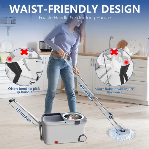 Miniatura 4 de Trapeador giratorio y cubo con escurridor en ruedas, sistema de cubo giratorio de 180° con 6 cabezales de repuesto de microfibra lavables, mango