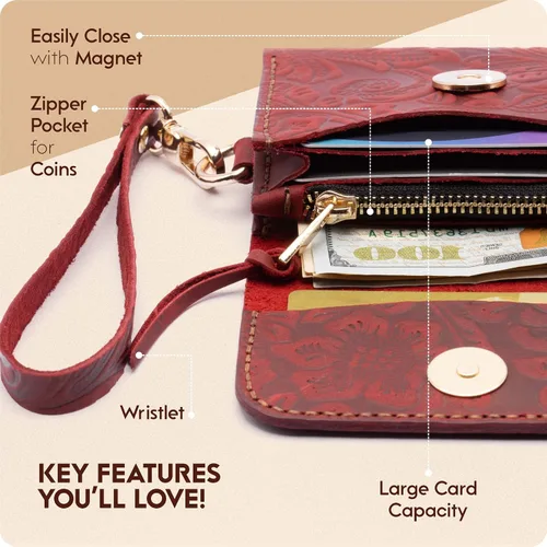 Miniatura 11 de Toros Craft Handmade Leather Wallets for Women, Western Wristlet Wallets, Floral Leather Small Credit Card Holder with Zipper, Minimalist & Cute