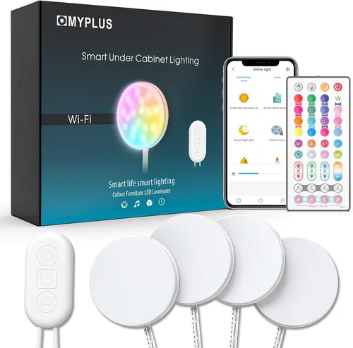 MYPLUS Luces inteligentes para debajo del gabinete, luces de disco de ambiente compatibles con Alexa y Google Home, regulables y de color RGB
