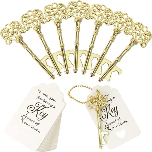 100 abridores de botellas con llave, abrebotellas de esqueleto vintage, abrebotellas de recuerdos de boda con tarjetas de etiqueta y llaveros Dorado