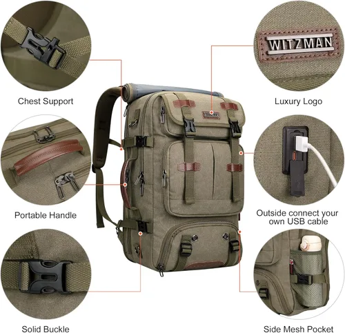 Miniatura 9 de WITZMAN Mochila de Viaje para Hombres 40L Grande Equipaje de Mano Aprobado por Aerolíneas Convertible 3 en 1 Bolsas para Laptop Caben 17 pulgadas