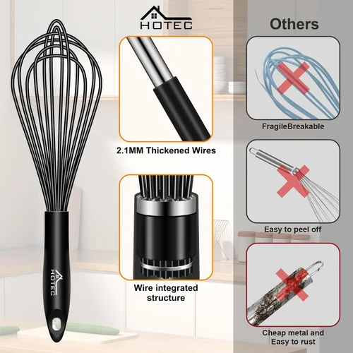 Miniatura 5 de HOTEC Juego de 4 batidores de silicona, batidores de alambre para cocinar huevos, batidor de mango antideslizante para utensilios de cocina