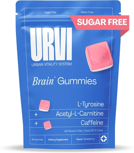 URVI® Brain L-tirosina 500 mg y gomitas de acetil-L-carnitina con 16 mg de cafeína y folato bioactivo, sin azúcar, fresa, 60 masticables