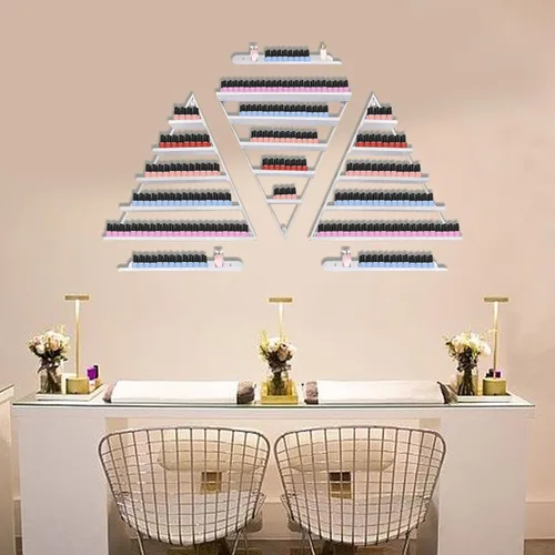 Miniatura 15 de Estante de almacenamiento de esmalte de uñas de metal para montar en pared, organizador de esmalte de uñas triangular de 5 niveles, soporte