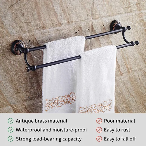 Miniatura 5 de Barra doble para toallas de bronce aceitado frotado de latón, ajustable de 15.5 a 27.5 pulgadas, soporte de barra para toallas de baño para portador