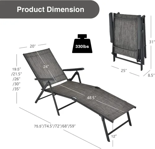 Miniatura 3 de COSTWAY 2 piezas de tumbona plegable, tela ligera y transpirable, silla reclinable de bronceado al aire libre para terraza, playa (gris)