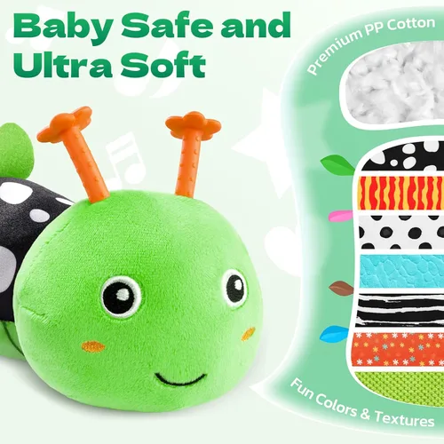 Miniatura 2 de HEMRLY Juguetes de Regalo para Bebés, Juguete Sensorial de 0-6 Meses, Peluche Musical de Oruga con Mordedor Suave, Sonajero para el Tiempo Boca Verde