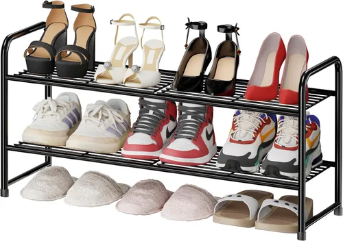 Zapatero simple de 2 niveles y 27 pulgadas de ancho, estante organizador de zapatos de metal resistente para entrada, puerta delantera, color negro