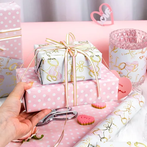 Miniatura 5 de Yarcony Papel de regalo reversible de boda, papel de regalo con temática de corazón, estampado creativo de amor y lazo, envoltura de regalo
