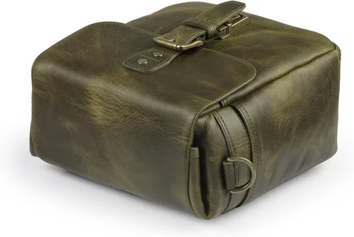 Miniatura 7 de Bolso bandolera para cámara de piel auténtica MegaGear, para cámaras mirrorless, dispositivo electrónico portátil Caqui Verde