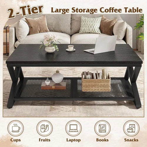 Miniatura 4 de EnHomee Mesa de Café con Almacenamiento, Mesas de Café Modernas para Sala de Estar con Estante de Malla, Mesa de Centro Rectangular de 2 Niveles