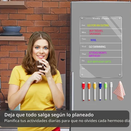 Miniatura 4 de Planificador semanal transparente de comidas de 9 x 13 pulgadas, tablero acrílico magnético de borrado en seco para refrigerador, calendario semanal