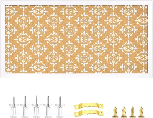 Tablero Decorativo de Corcho para Paredes, Tablero de Anuncios con Estampado Floral Blanco, Tablero de Alfileres y Visión con Marco Blanco para