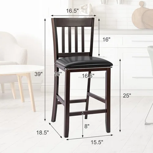 Miniatura 3 de COSTWAY Juego de 2 taburetes de bar, sillas de bar de 25 pulgadas de altura de mostrador con patas de madera de goma, sillas de bar sin brazos