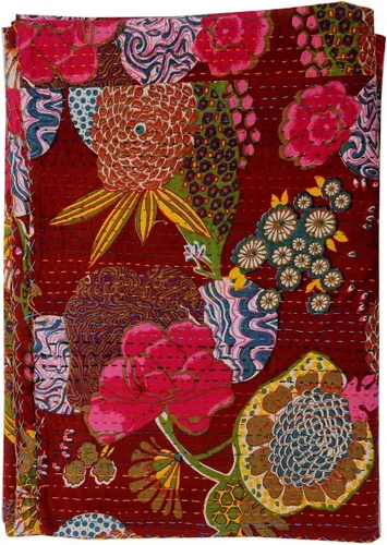 Miniatura 31 de Sophia-Art Colcha reversible de frutas indias para cama individual/king con patrón Gudri de algodón puro estilo Kantha, colcha decorativa con Rosa