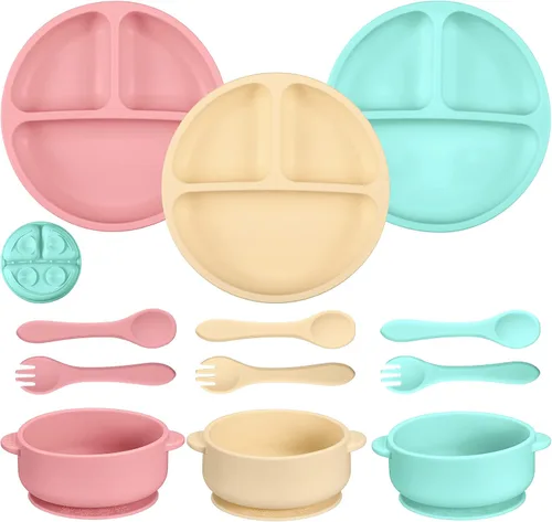Miniatura 7 de CHENGU 12 piezas Juego de tazones de silicona con ventosa para bebé y niño pequeño con plato de succión, cuchara y tenedor, juego de utensilios