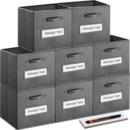 Contenedores de almacenamiento de 13 x 13 x 13 pulgadas (juego de 8) cubos de almacenamiento de tela con 8 etiquetas, tarjetas de ventana y un Gris