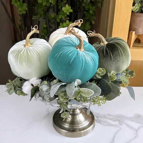Miniatura 8 de Winlyn 4 calabazas decorativas de terciopelo rústico sintético, color verde, verde azulado, blanco, 5 pulgadas, para regalos, otoño, boda, Acción