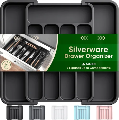 Aujen Organizador de cubiertos – Organizador de cajones de cocina expandible, organizador de utensilios ajustable, bandeja de cubiertos para