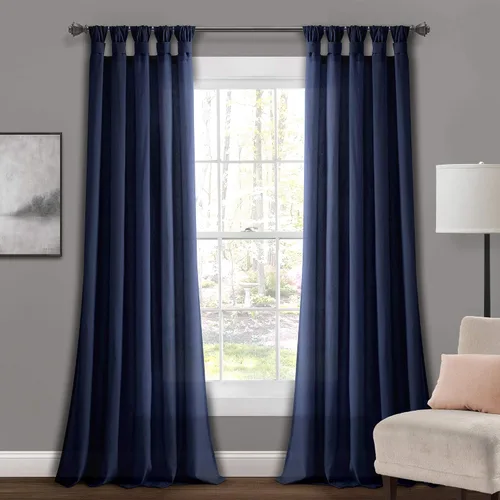 Miniatura 13 de Lush Decor Par de cortinas de ventana con solapas anudadas de yute, 45" x 84", azul