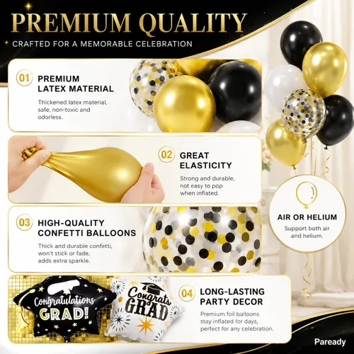 Miniatura 3 de Kit de Arco de Globos Paready Graduación 2025, 120 Piezas de Arco de Globos Graduación Negro y Dorado, Globos de Confeti Negro y Dorado Metálicos