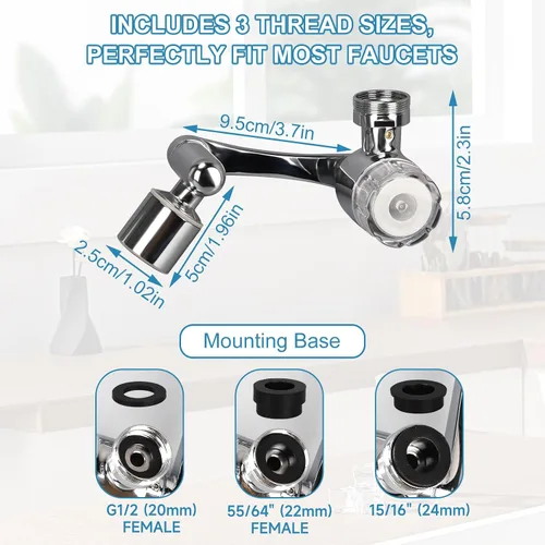 Miniatura 6 de Extensor de grifo giratorio de 1080°, filtro de fregadero de baño, filtro de agua de grifo con 2 modos de salpicadura, sistema de filtración de tasa