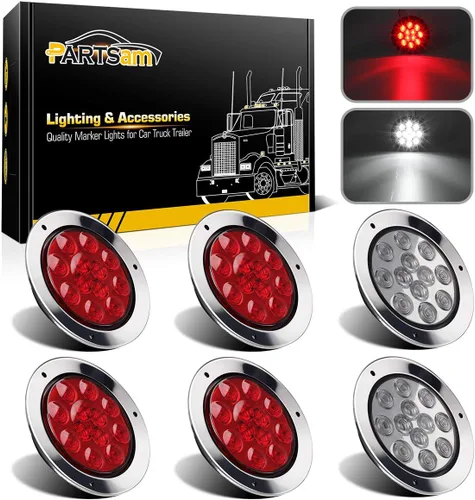 Partsam 4 faros rojos + 2 faros blancos de 4 pulgadas, LED, redondos, luz de freno, giro, reversa, faros antiniebla, incluye soporte de brida, 12
