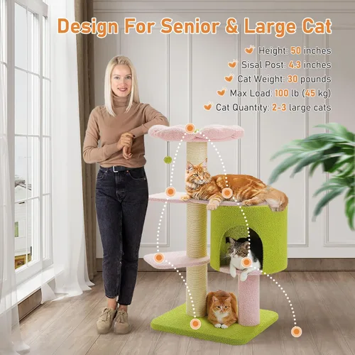 Miniatura 3 de MUTTROS Árbol para gatos de flores rosas de 50 pulgadas para gatos grandes y pesados, torre Maine Coon para gatos con postes rascadores extra