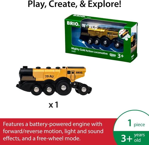 Miniatura 2 de Locomotor de acción dorada potente BRIO World - Tren de juguete a batería para pista de madera - Tren motorizado con luces y sonido - Funciona