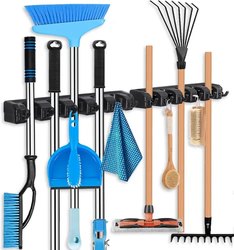 Miniatura 9 de HYRIXDIRECT Soporte de pared para escoba, soporte para trapeador, organizador de herramientas de jardín, garaje, lavandería, organizaciones y Negro