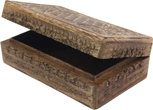 Miniatura 6 de DharmaObjects Caja de almacenamiento de madera tallada a mano con flores de la vida (natural, grande)