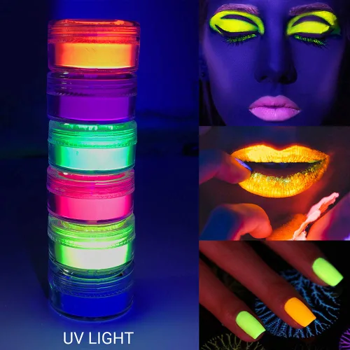 Miniatura 3 de Polvo de pigmento reactivo UV neón para maquillaje con luz negra, sombra de ojos fluorescente ultra brillante para fiestas rave y festivales, arte