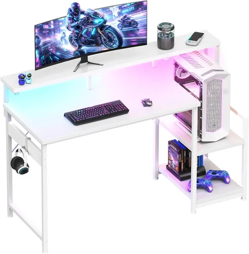 Miniatura 9 de AODK Escritorio para computadora, escritorio para juegos de 48 pulgadas con luces LED y toma de corriente, escritorio de oficina con estantes