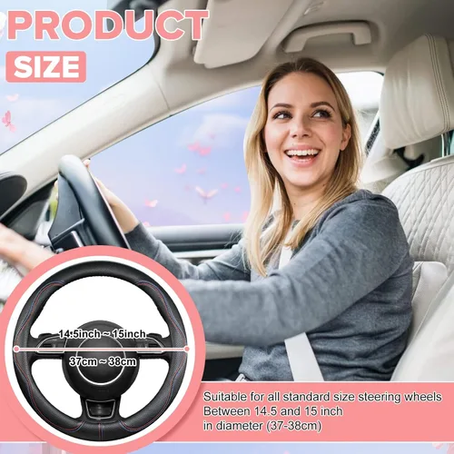 Miniatura 5 de Funda negra para volante de automóvil, antideslizante, transpirable, cómoda, de cuero PU, lindo protector universal, accesorios interiores de Rosa