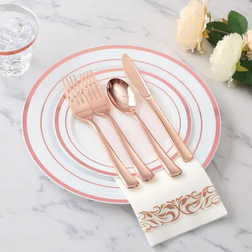 Miniatura 2 de Goodluck Juego de vajilla de oro rosa de 700 piezas para 100 invitados, platos de plástico desechables para fiestas, incluye: 100 platos para cena