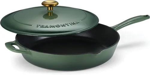 Tramontina Mejor Sartén de Hierro Fundido Esmaltado con Tapa, Sartén para Freír de 12 Pulgadas, Cactus con Pomos Dorados
