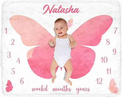 Miniatura 30 de Manta de hito para bebé personalizada con nombre, manta personalizada de flores en forma de mariposa con tabla de crecimiento calendario, manta